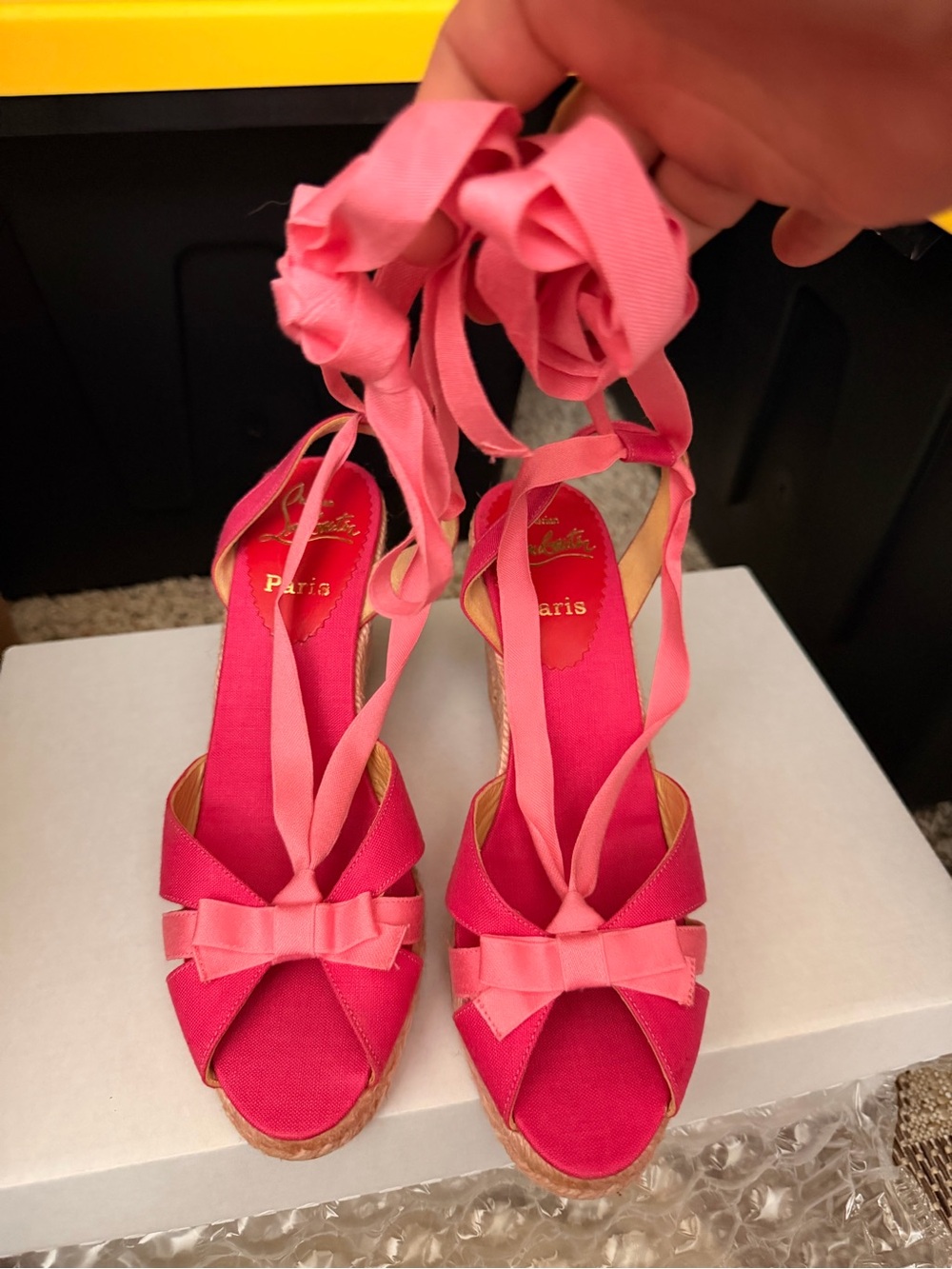 Authentic Christian Louboutin Pink Ribbon Isabelle Espadrille Wedge Sandals